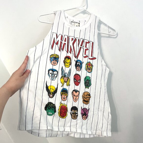 FOREVER 21 x MARVEL Striped Marvel Muscle Tee White Avengers Graphic Tank Top S - Picture 7 of 12